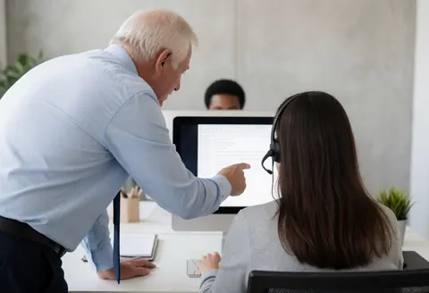 Une superviseuse observe un agent au travail dans un call center moderne avec écran et casque.