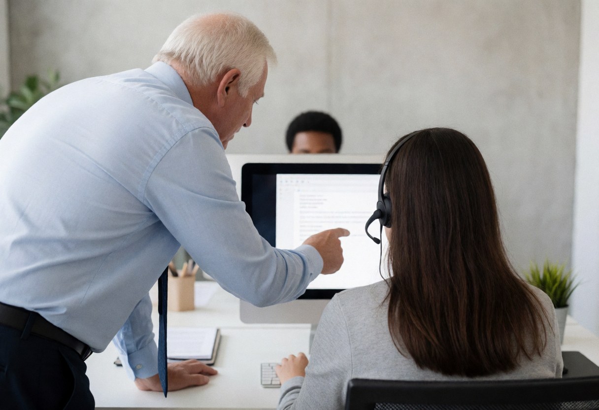 Une superviseuse observe un agent au travail dans un call center moderne avec écran et casque.