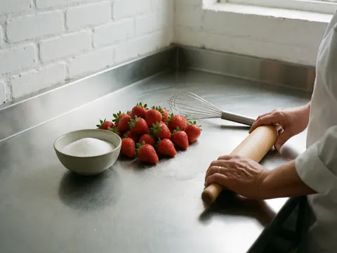 Des fraises fraîches, du sucre et des outils de cuisine disposés sur une surface en acier brillant pour la préparation d'une recette dans une cuisine moderne.