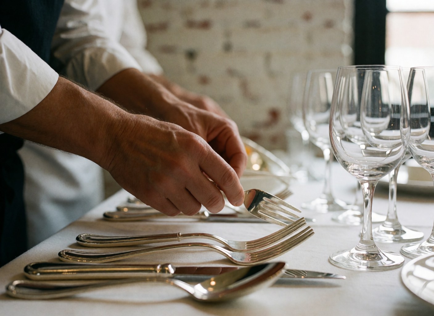 Gros plan détaillé montrant des couverts en argent et des verres à cristal propres et lumineux disposés avec soin pour un service de table raffiné.