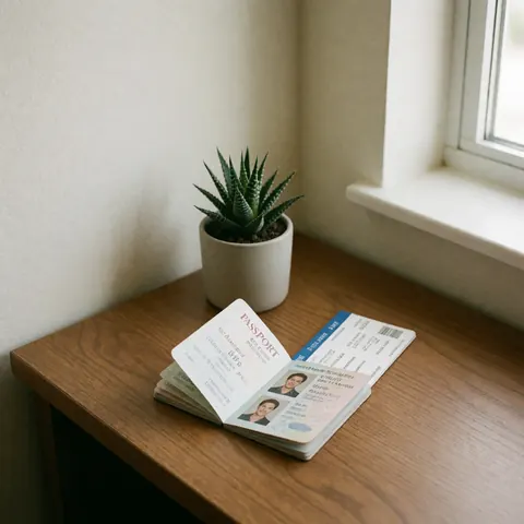 Un passeport ouvert et un billet d'avion reposent sur une surface en bois clair près d'une fenêtre, avec une plante succulente et une lumière naturelle douce.