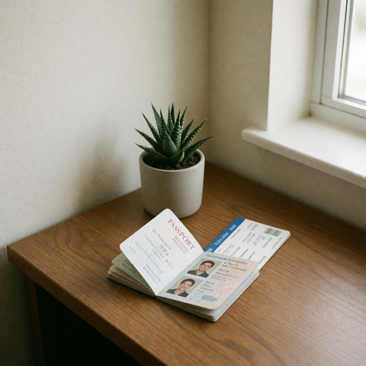 Un passeport ouvert et un billet d'avion reposent sur une surface en bois clair près d'une fenêtre, avec une plante succulente et une lumière naturelle douce.