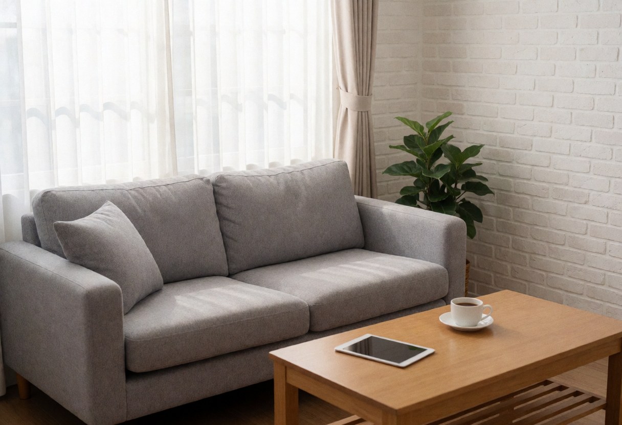 Un salon lumineux avec un canapé gris, une table en bois portant une tablette et du café, mur de briques blanches, rideaux et plante, ambiance relaxante pour travailler à domicile.