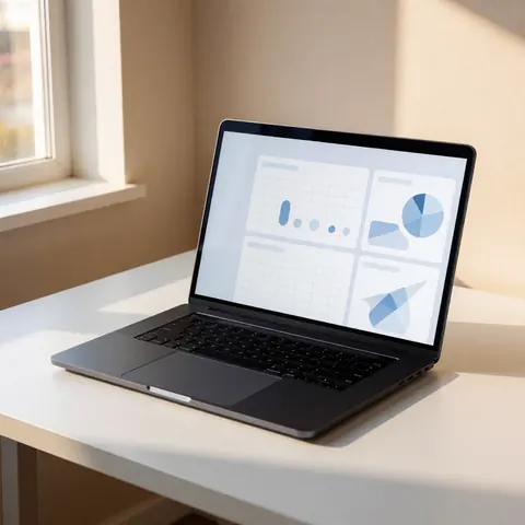 Vue rapprochée d'un écran d'ordinateur portable affichant une interface de ressources humaines moderne et minimaliste, avec des graphiques et des données analytiques sur fond clair.