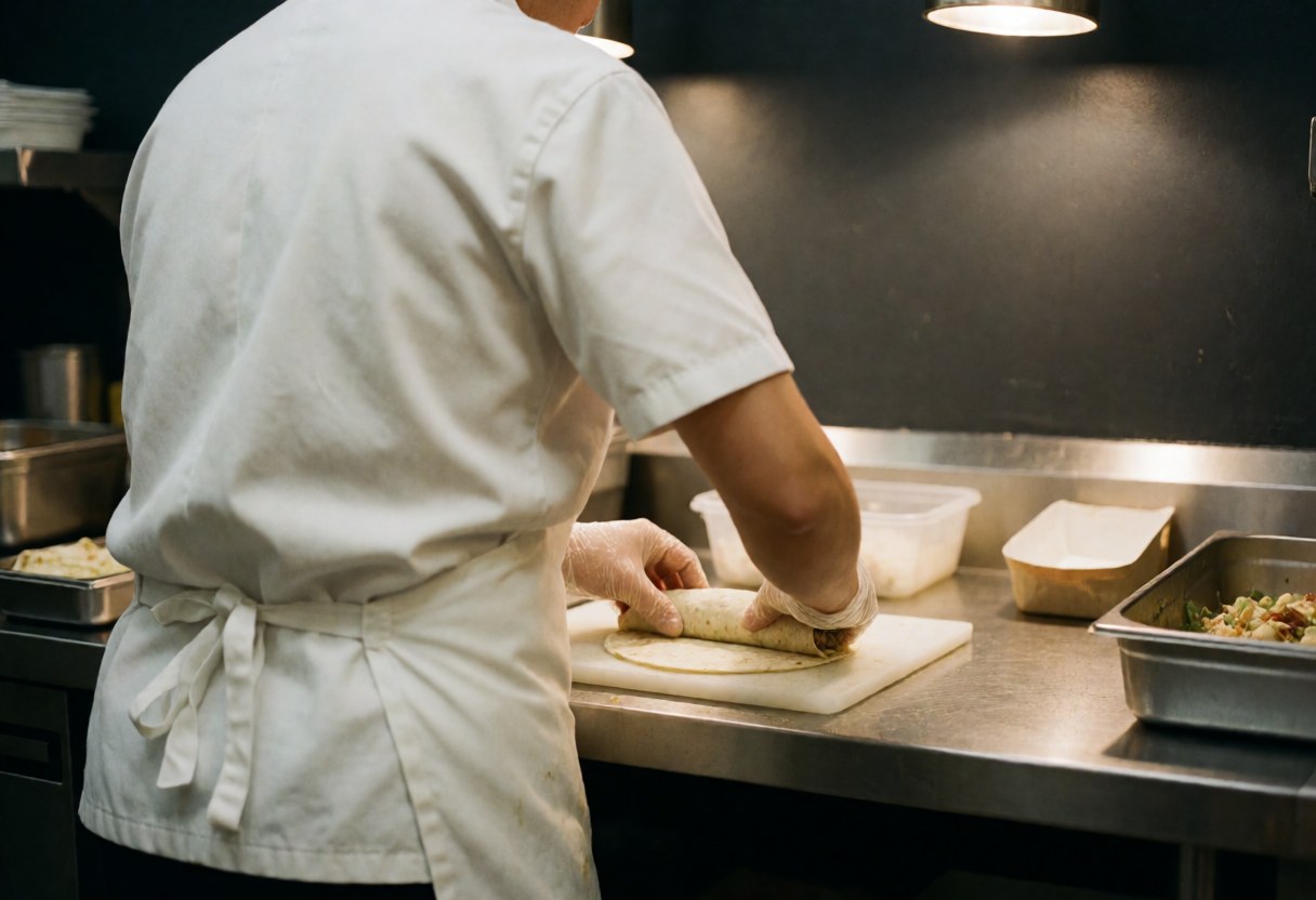 Un cuisinier en uniforme blanc et gants prépare un burrito sur une table en acier inoxydable à l'intérieur d'un food truck, avec un éclairage chaleureux.