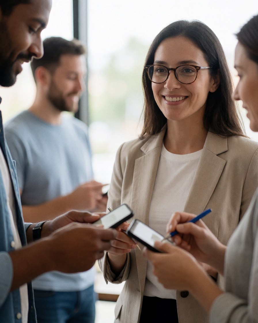 Un manager professionnel participe à une réunion collaborative dans un bureau partagé lumineux avec des collègues.