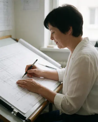 Une architecte professionnelle travaille sur un plan avec un crayon et une règle dans un bureau lumineux.