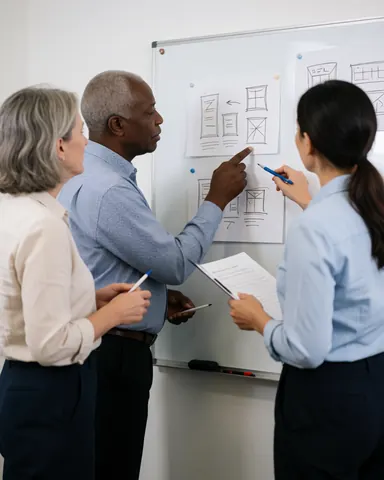 Trois professionnels examinent des plans architecturaux sur un tableau blanc dans un bureau moderne.