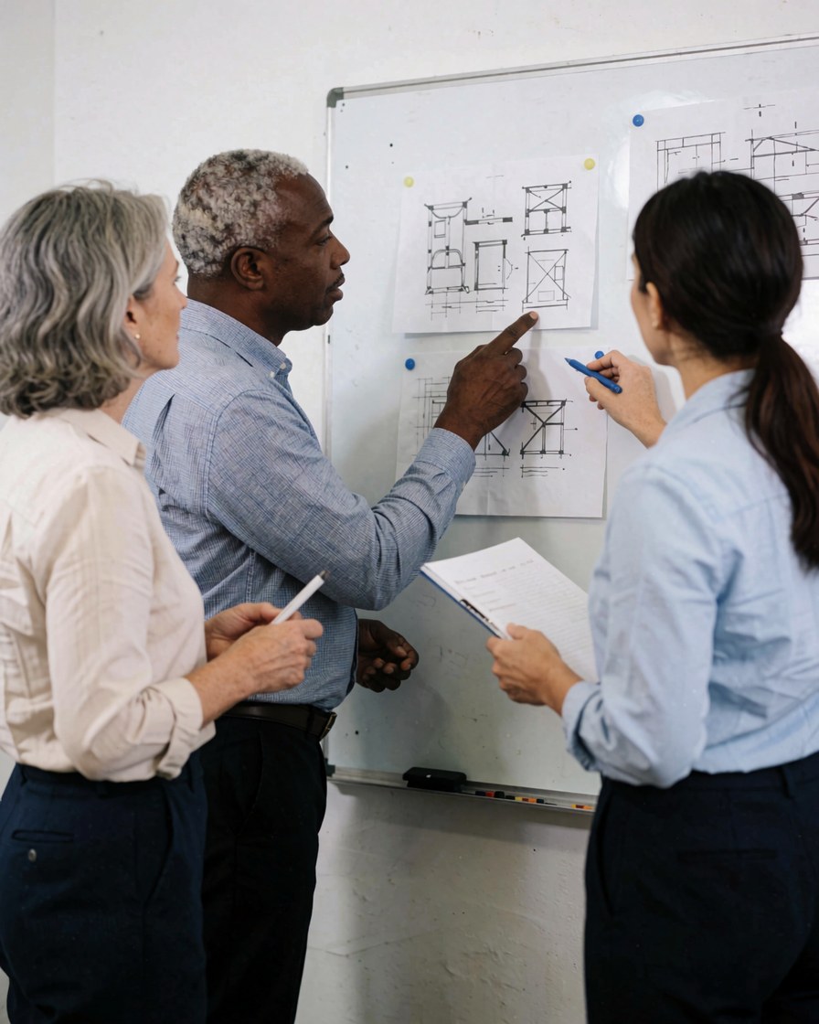 Trois professionnels examinent des plans architecturaux sur un tableau blanc dans un bureau moderne.