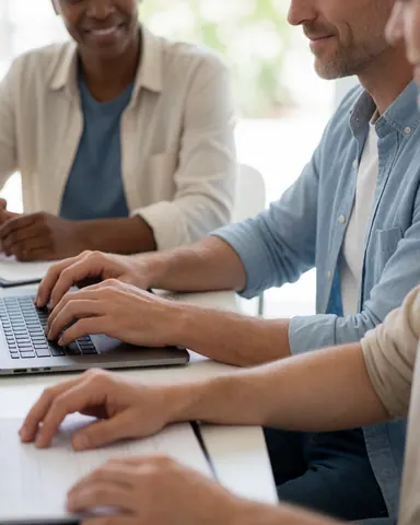 Vue rapprochée des mains de deux hommes tapant sur des claviers d'ordinateurs portables dans un bureau partagé lumineux et professionnel.