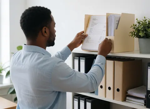 Documents comptables et factures soigneusement organisés dans des classeurs sur un bureau propre avec une lumière naturelle.