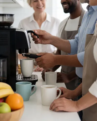 Des mains préparent du café avec une cafetière, des mugs blancs, des fruits dans un bol sur un comptoir propre et professionnel.