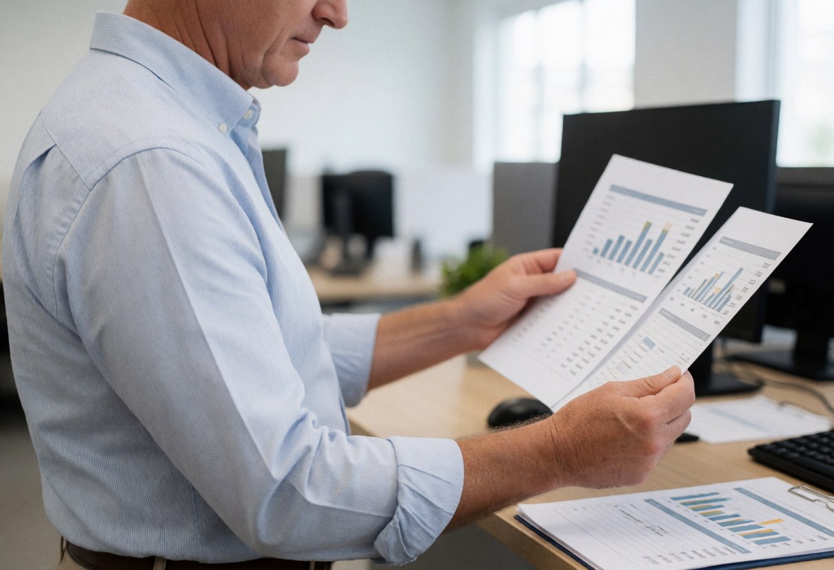 Un comptable travaille seul dans un bureau moderne en consultant des documents et des graphiques sur son ordinateur.