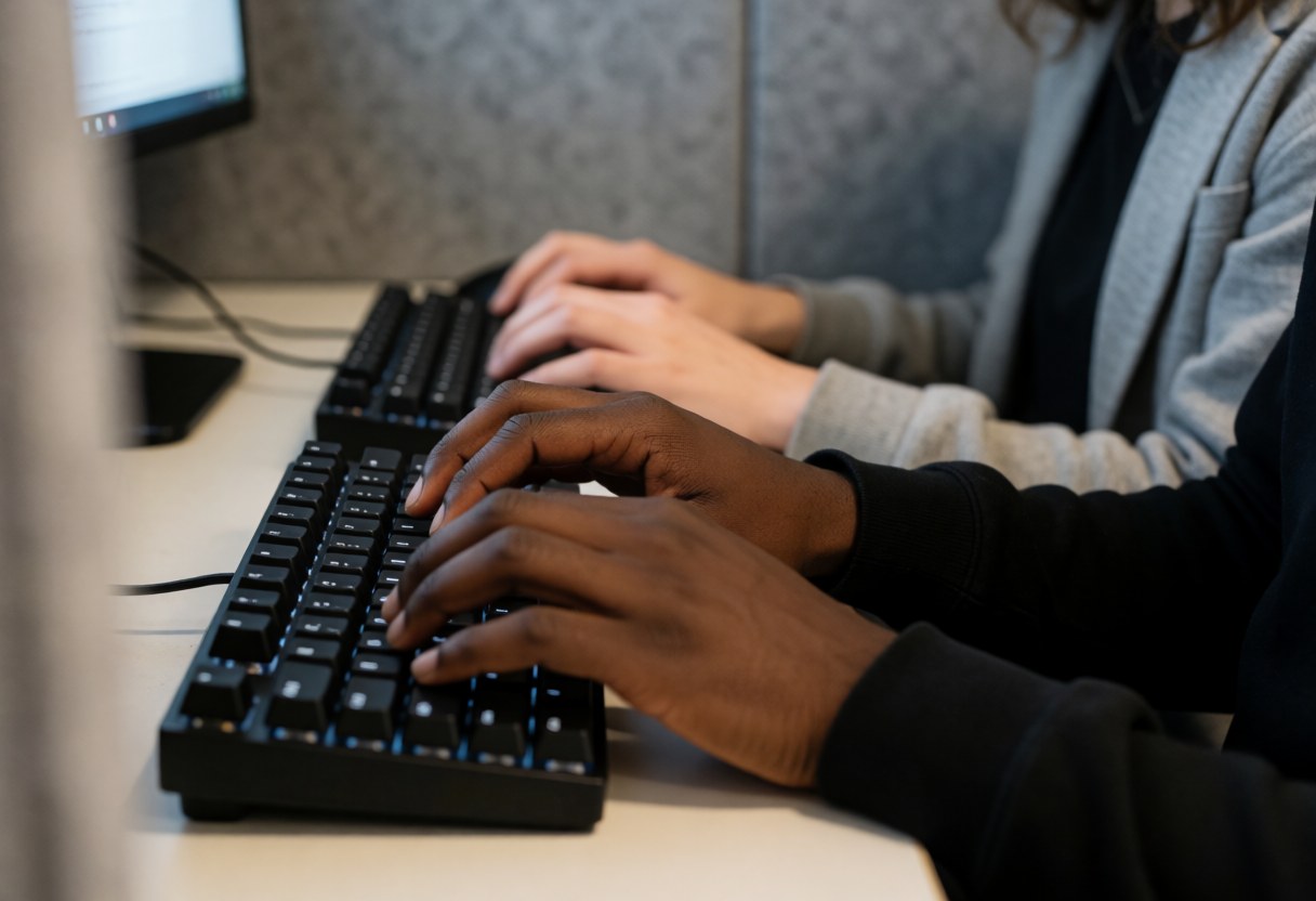 Gros plan sur des mains en train de taper rapidement sur un clavier d'ordinateur dans un environnement de travail.