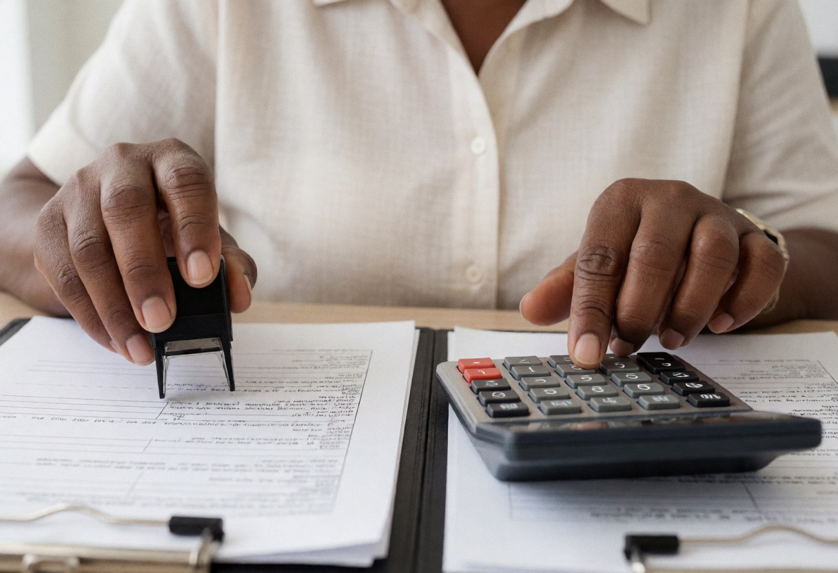 Gros plan d'une main professionnelle manipulant une calculatrice et un tampon sur des documents comptables, illustrant le travail administratif.