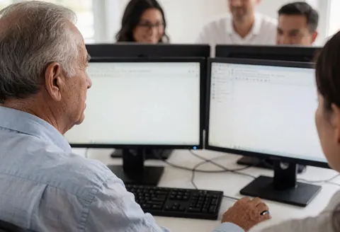 Un homme mature travaille sur un bureau avec deux écrans et un clavier dans un environnement professionnel moderne.