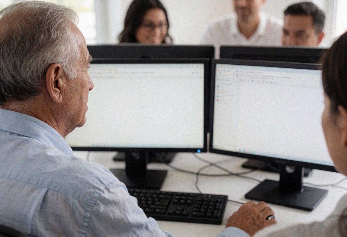Un homme mature travaille sur un bureau avec deux écrans et un clavier dans un environnement professionnel moderne.