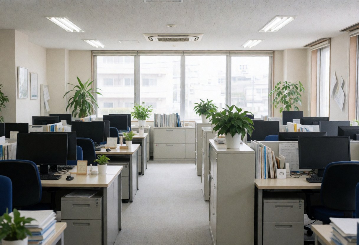 Espace de travail comptable lumineux et organisé avec bureaux, ordinateurs, plantes vertes et fichiers sur fond blanc.