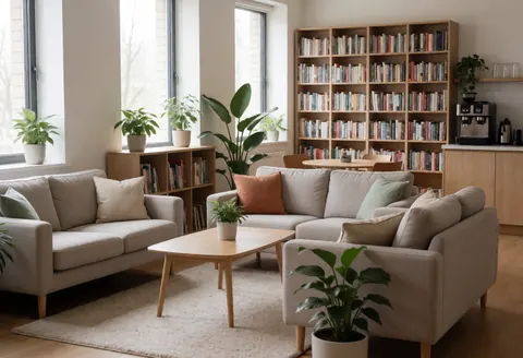 Un canapé confortable placé à côté d'une bibliothèque remplie de livres et de plantes vertes dans un espace de coworking moderne.