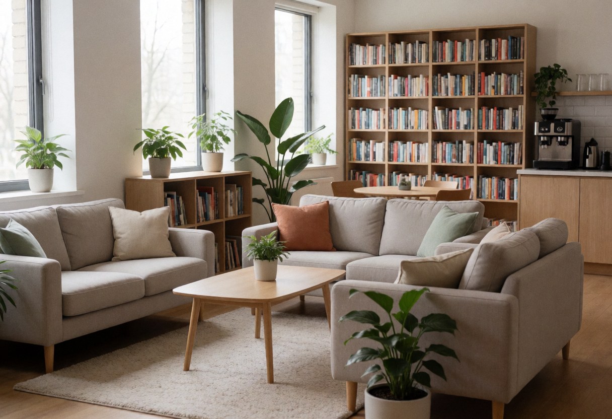 Un canapé confortable placé à côté d'une bibliothèque remplie de livres et de plantes vertes dans un espace de coworking moderne.