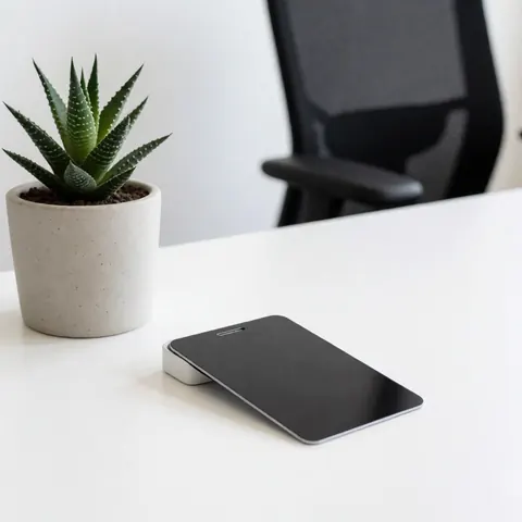 Appareil d'accès moderne posé sur un bureau blanc, à côté d'une plante succulente en pot, dans un espace de coworking minimaliste.