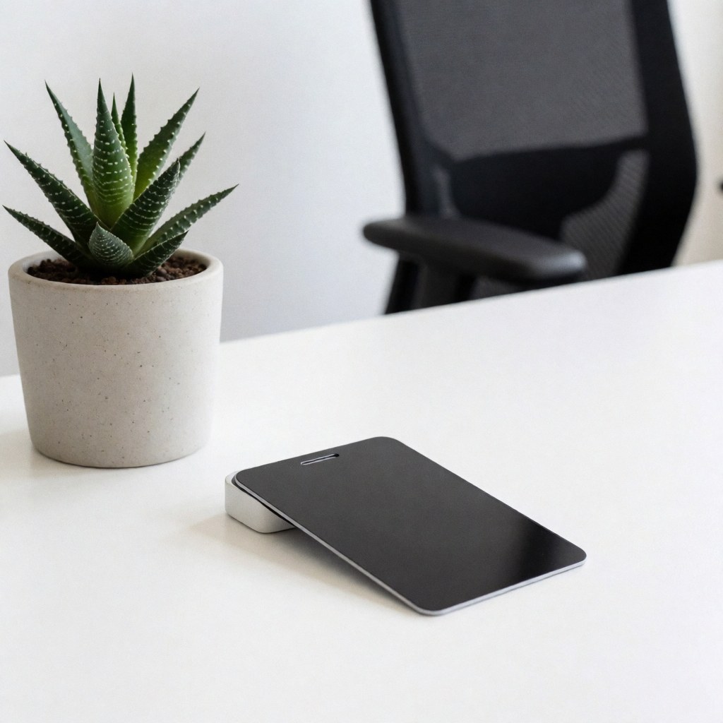 Appareil d'accès moderne posé sur un bureau blanc, à côté d'une plante succulente en pot, dans un espace de coworking minimaliste.