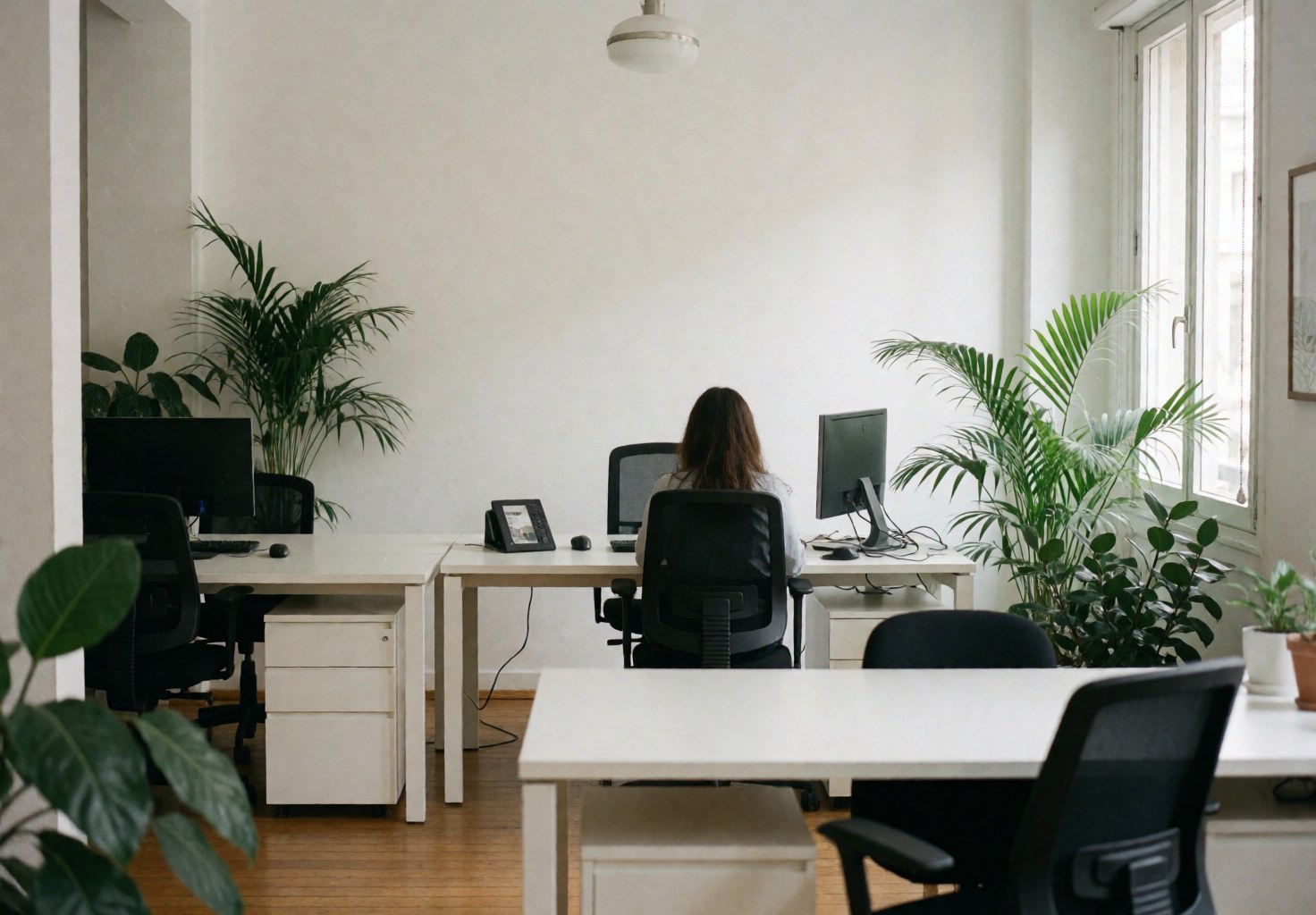 Bureau de comptabilité lumineux et accueillant avec bureaux blancs, plantes vertes et une personne travaillant sur un ordinateur.