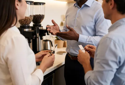 Trois personnes dans une cafétéria de coworking, l'une expliquant avec des gestes tandis que les autres écoutent et prennent des notes.