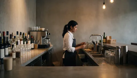 Un barista prépare des boissons derrière un comptoir en béton, éclairé par des lumières chaudes, dans une ambiance professionnelle et calme.
