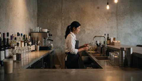 Un barista prépare des boissons derrière un comptoir en béton, éclairé par des lumières chaudes, dans une ambiance professionnelle et calme.