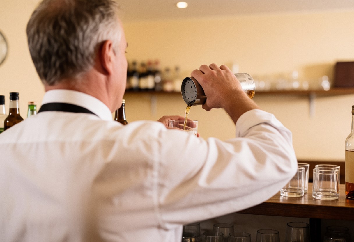 Un serveur professionnel sert une boisson derrière le comptoir d'un bar avec une ambiance chaleureuse et des murs clairs en arrière-plan flou.