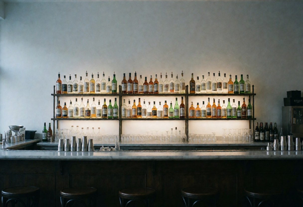 Vue de l'intérieur d'un bar moderne et minimaliste, avec une barre en bois, des bouteilles et des verres disposés sur le comptoir, prêt à accueillir les clients.