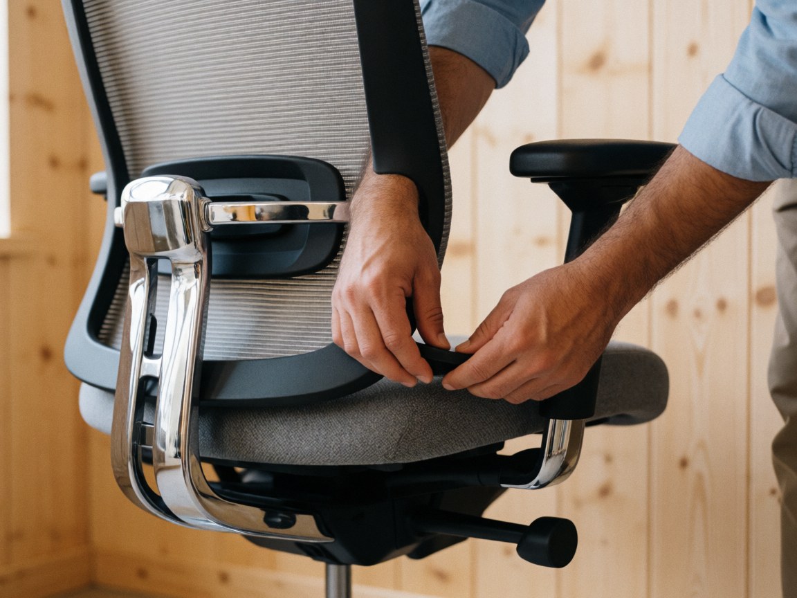Gros plan sur des mains en train de régler les mécanismes d'une chaise de bureau ergonomique moderne avec des détails en bois et métal.