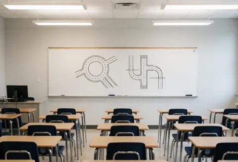 Classe d'auto-école vide équipée de tables, chaises et d'un tableau affichant des schémas de circulation sur des murs gris clair sous éclairage fluorescent.