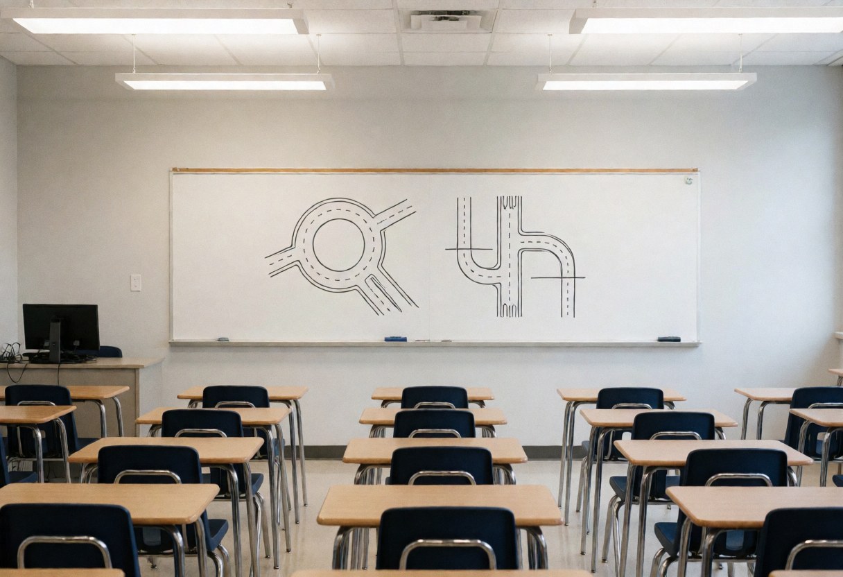 Classe d'auto-école vide équipée de tables, chaises et d'un tableau affichant des schémas de circulation sur des murs gris clair sous éclairage fluorescent.