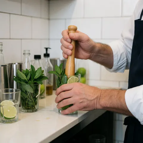 Un barman prépare un mojito en écrasant la menthe dans un verre sur un comptoir en bois avec des carreaux blancs.