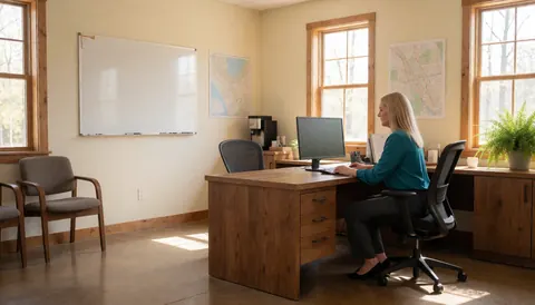 Une femme est assise à un bureau en bois dans un espace de travail partagé lumineux avec chaises, tableau blanc, carte murale, plante verte et station café.