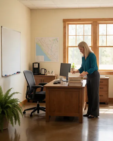 Une femme organise des papiers sur un bureau en bois dans une petite salle de travail communautaire avec lumière naturelle.