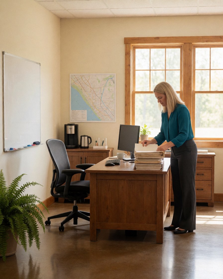 Une femme organise des papiers sur un bureau en bois dans une petite salle de travail communautaire avec lumière naturelle.
