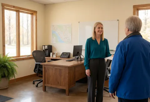 Une femme aide un client avec une carte et un plan dans un bureau lumineux, sur un bureau en bois avec une plante.