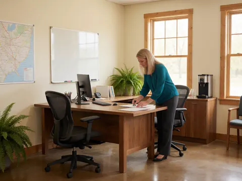Une femme signe des papiers sur un bureau en bois dans un espace communautaire lumineux avec carte, tableau et plante.