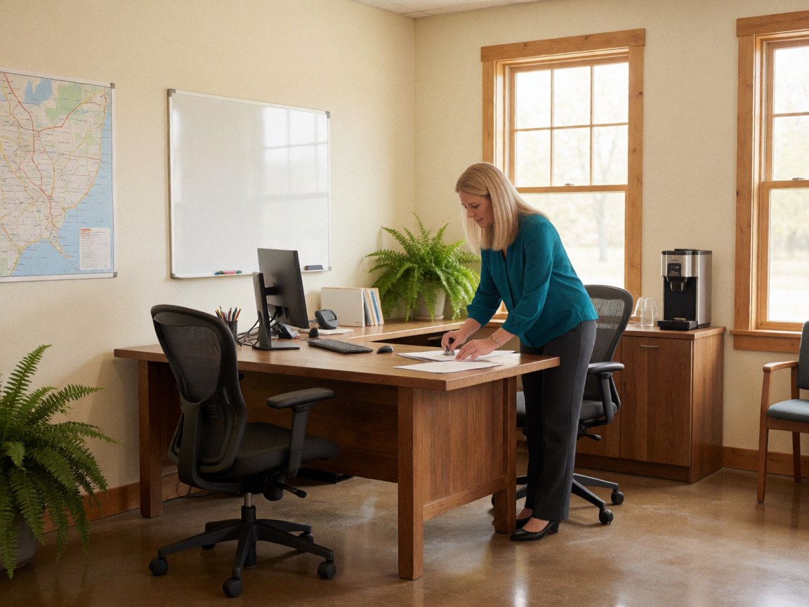 Une femme signe des papiers sur un bureau en bois dans un espace communautaire lumineux avec carte, tableau et plante.