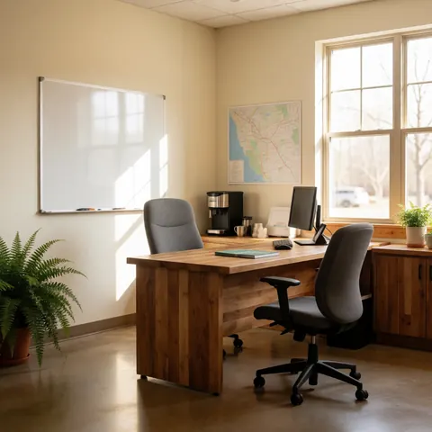 Salle de réunion vide avec table en bois, chaises, tableau blanc, plante verte, fenêtre lumineuse et carte murale dans un espace professionnel.