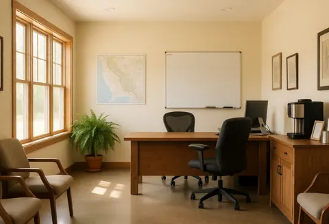 Espace de travail communautaire équipé d'un bureau en bois, de chaises, d'un tableau blanc et d'une plante. Lumière naturelle entrant par la fenêtre.