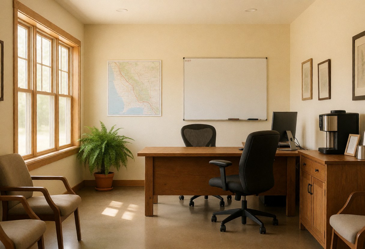 Espace de travail communautaire équipé d'un bureau en bois, de chaises, d'un tableau blanc et d'une plante. Lumière naturelle entrant par la fenêtre.