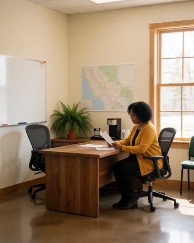 Une femme souriante lit attentivement un document à son bureau dans un environnement professionnel lumineux.