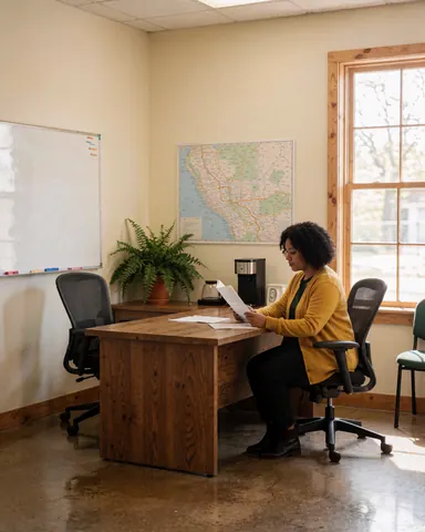 Une femme souriante lit attentivement un document à son bureau dans un environnement professionnel lumineux.