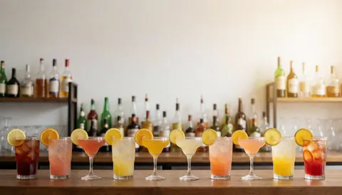 Plusieurs cocktails aux couleurs vives disposés sur un comptoir en bois avec des tranches de fruits citrins, des bouteilles et une lumière chaude.