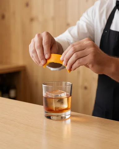 Prise de vue rapprochée montrant une main exprimant une écorce d'orange au-dessus d'un verre contenant des glaçons et un cocktail, dans un cadre de bar en bois.