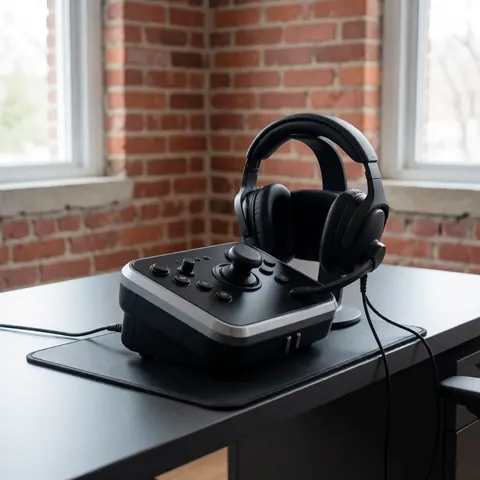 Un simulateur de conduite moderne avec casque audio posé sur un bureau dans un environnement professionnel.